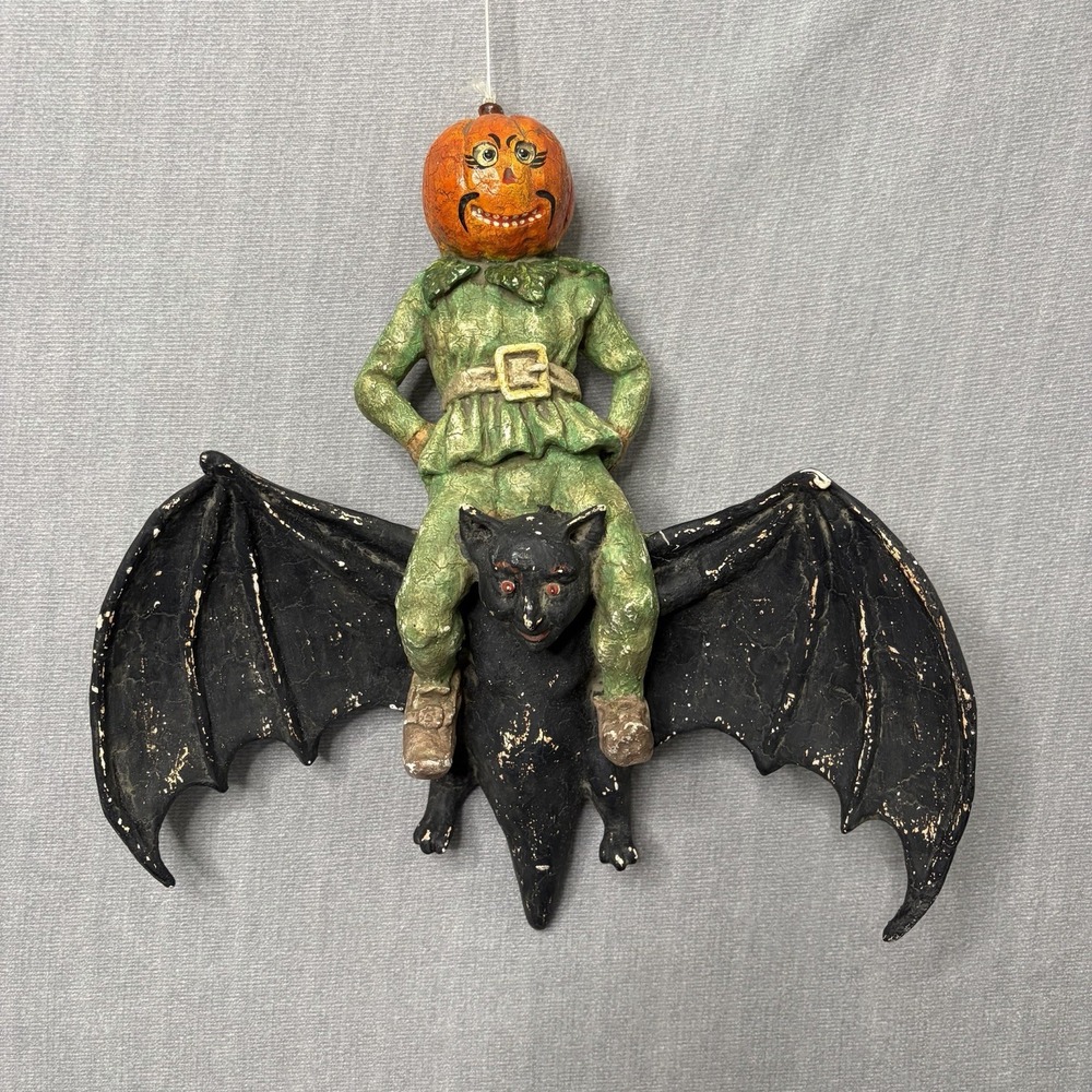 Bethany Lowe Halloween Rare Vintage Pumpkin Head On Bat Paper Mache Hanging READ